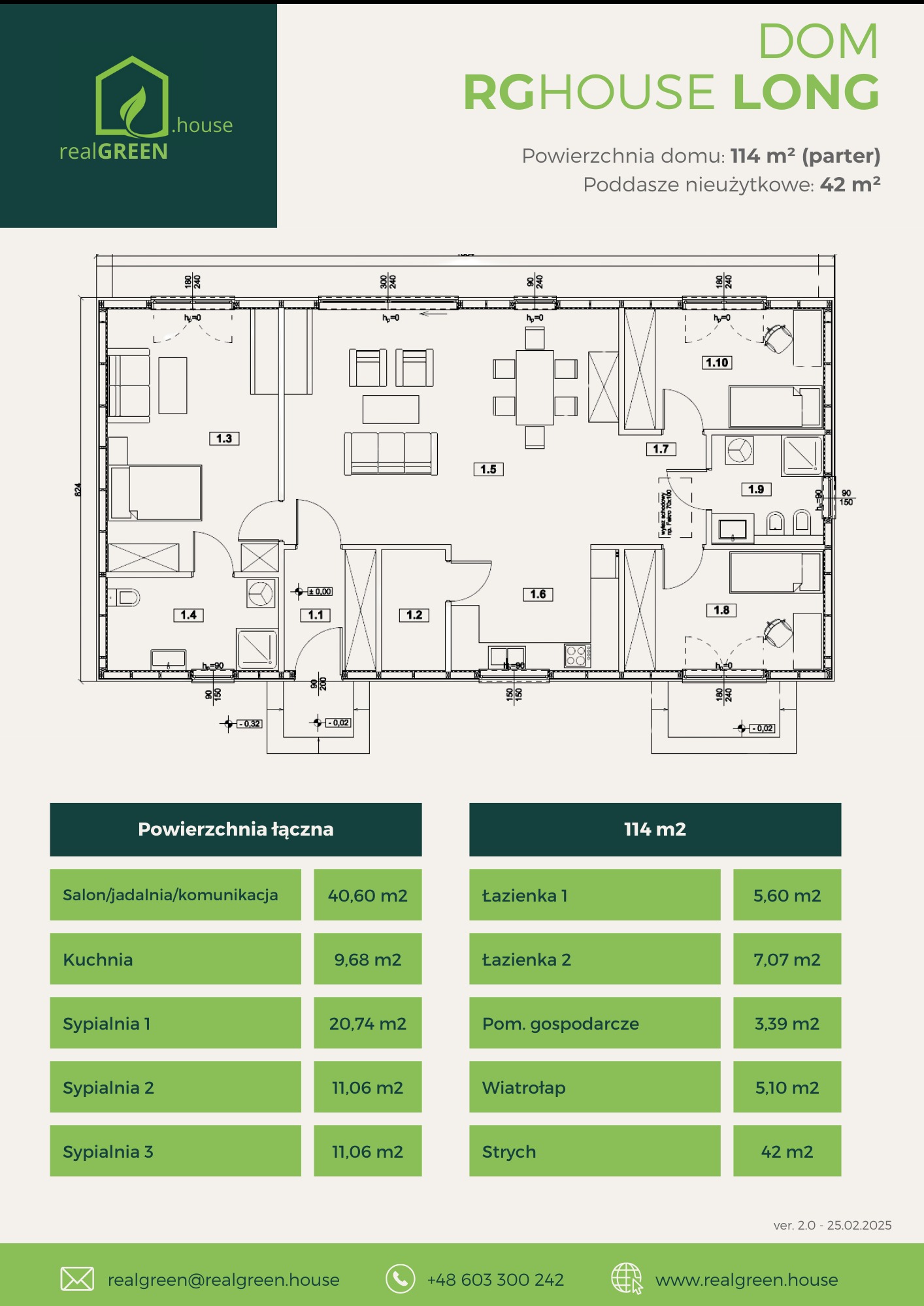 Rzut parteru domu RGHOUSE LONG o powierzchni 114 m2, z zaznaczonymi pomieszczeniami i ich metrażem, w tym salon z jadalnią, kuchnia, sypialnie, łazienki i strych.