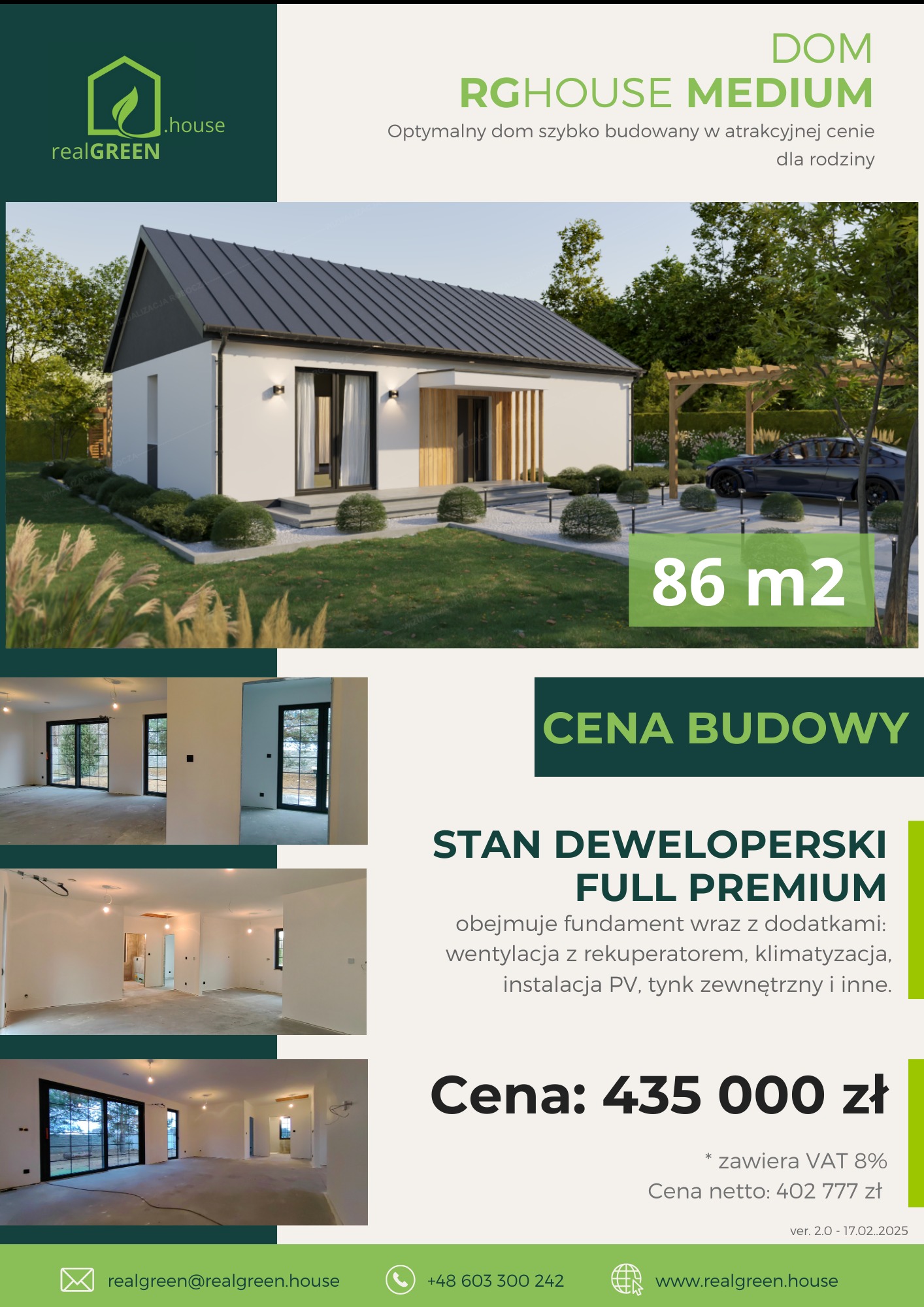 Wizualizacja domu w stanie deweloperskim Full Premium firmy z Rawa Mazowiecka, z uwzględnionym ogrodem i podjazdem dla samochodu.