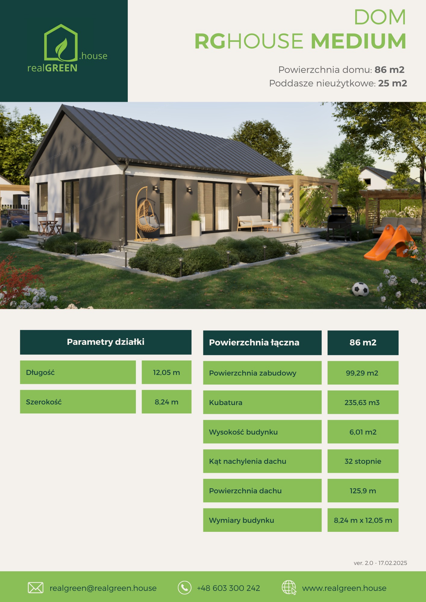 Wizualizacja zewnętrzna nowoczesnego, parterowego domu z płaskim dachem, z elementami wykończenia w kolorze szarym i białym, z ogrodem, huśtawką wiszącą i grillem na tarasie, prezentowana...