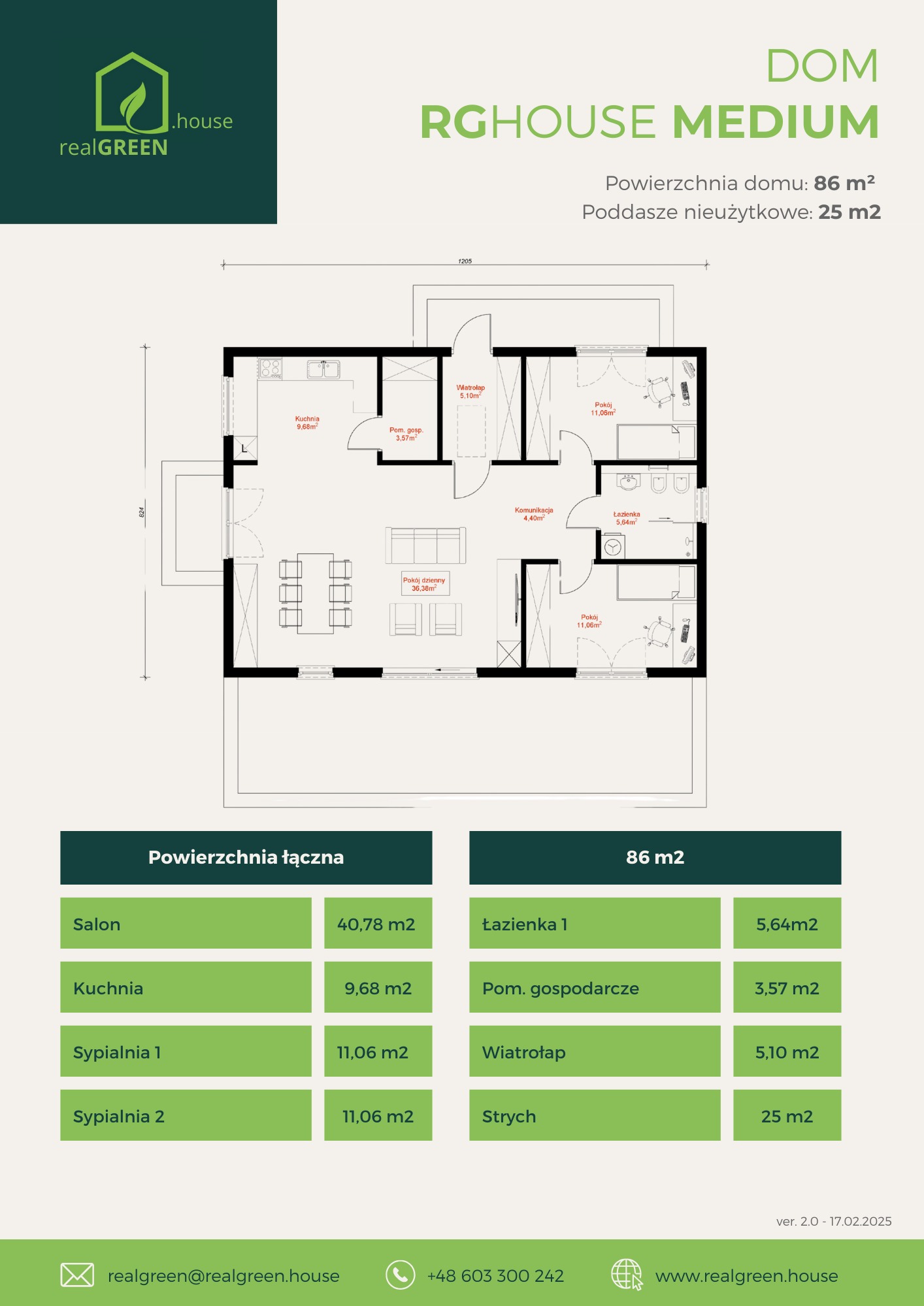 Rzut poziomy domu RG House Medium o powierzchni 86 m2 z poddaszem nieużytkowym 25 m2, prezentujący rozkład pomieszczeń: salon, kuchnia, dwie sypialnie, łazienka i strych, z podanymi powierzchniami...