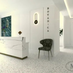 Wizualizacja recepcji z marmurowym blatem, dekoracyjną ścianą w odcieniach zieleni, krzesłem w stylu retro i napisem 'Botanica' na ścianie.