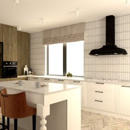 My Place Pracownia Projektowa wnętrz ściany aranżacje Emilia Rękawiecka - Nowoczesna kuchnia z wyspą, brązowymi hokerami, białymi szafkami i czarnym okapem na tle ściany z dekoracyjnymi płytkami.