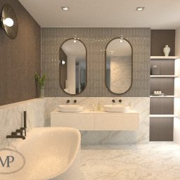 My Place Pracownia Projektowa wnętrz ściany aranżacje Emilia Rękawiecka - Nowoczesna łazienka z marmurowymi płytkami, dwoma owalnymi lustrami nad umywalkami i wolnostojącą wanną z czarną armaturą.