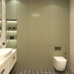 Nowoczesna łazienka z umywalką nablatową, dużym lustrem w owalnej ramie, zabudową w odcieniach zieleni i wzorzystą podłogą.