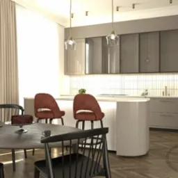 Wizualizacja nowoczesnej kuchni z okrągłym stołem, czarnymi krzesłami, brązowym tortem na stole i eleganckimi lampami wiszącymi.