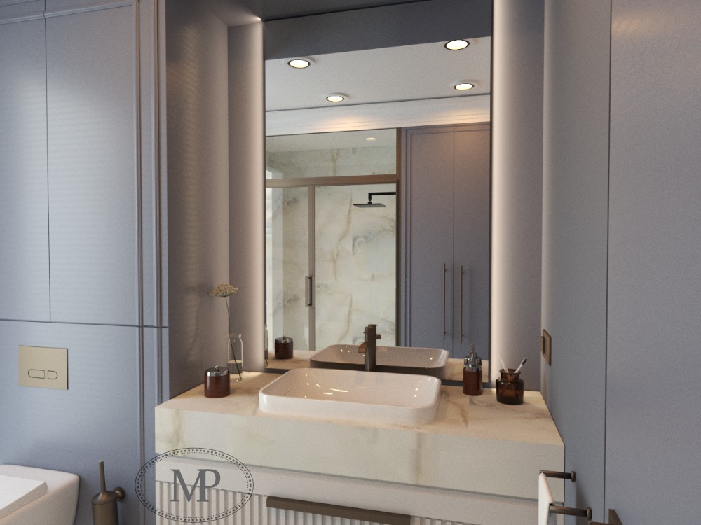 Wizualizacja nowoczesnej łazienki z umywalką nablatową, marmurowym blatem i podświetlanym lustrem w zabudowie meblowej w odcieniach szarości.