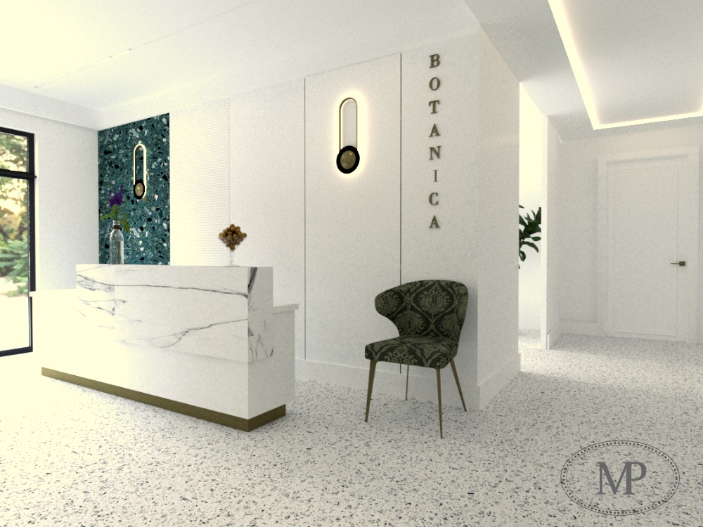 Wizualizacja recepcji z marmurowym blatem, dekoracyjną ścianą w odcieniach zieleni, krzesłem w stylu retro i napisem 'Botanica' na ścianie.