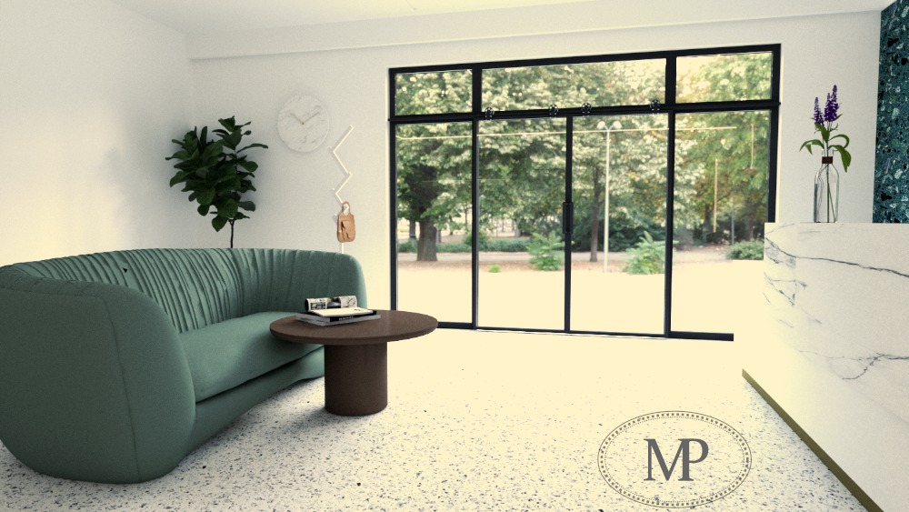 Wizualizacja wnętrza z zieloną sofą, okrągłym stolikiem kawowym, marmurową ladą i dużym oknem z widokiem na zieleń.