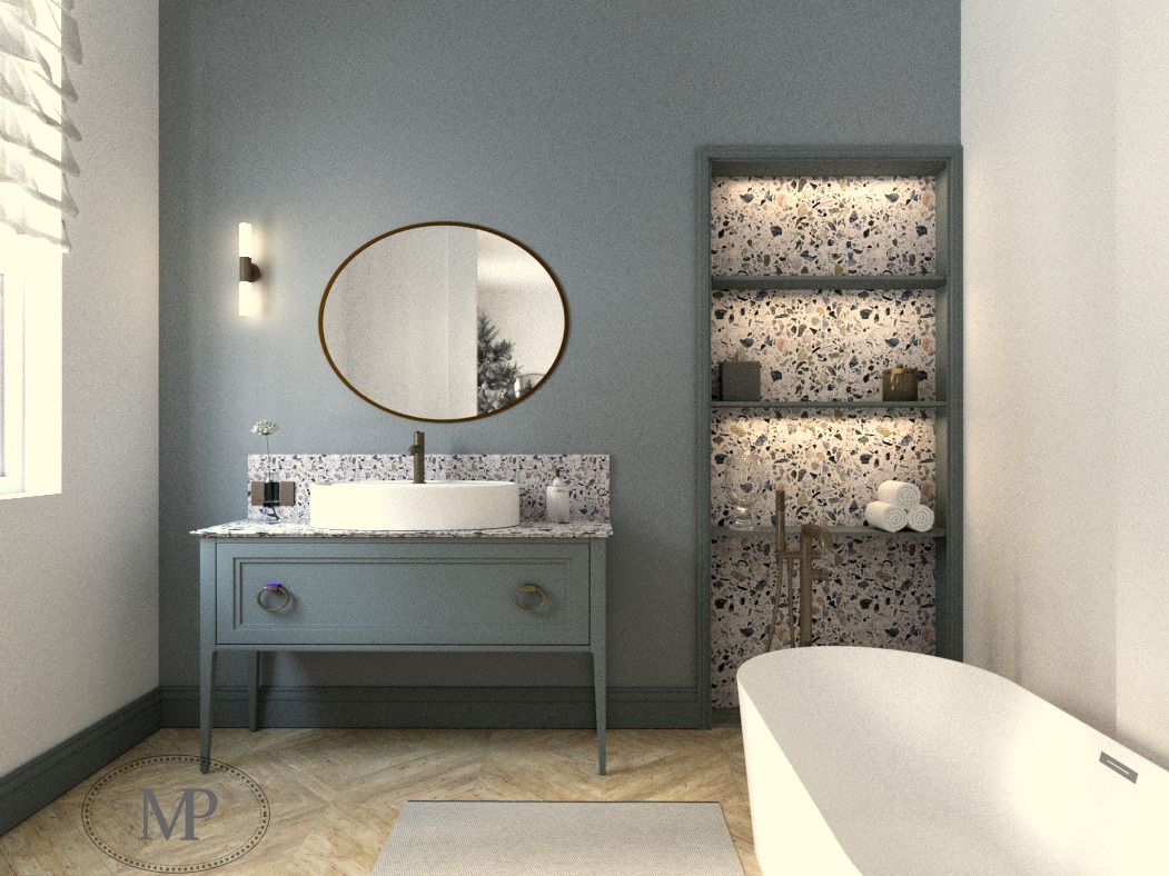 Nowoczesna łazienka z umywalką nablatową, okrągłym lustrem z brązową ramą, szafką w kolorze gołębim, półką z terazzo i wolnostojącą wanną