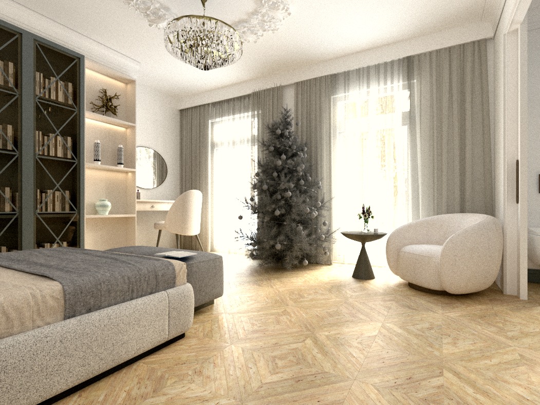 Jasna sypialnia z łóżkiem, toaletką i choinką przy oknie, oświetlona kryształowym żyrandolem.
