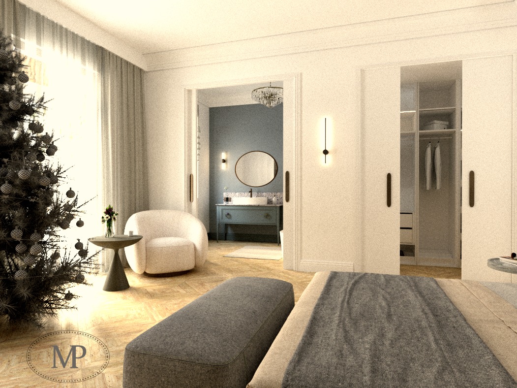 Eleganckie wnętrze sypialni z widokiem na łazienkę i garderobę, akcent świąteczny w postaci choinki, neutralna kolorystyka, drewniana podłoga w jodełkę.