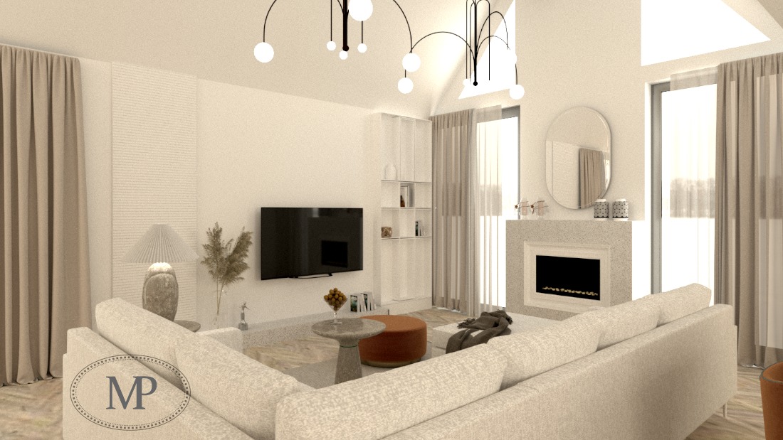 Wizualizacja salonu w jasnych barwach z kominkiem, nowoczesnym oświetleniem i beżową sofą narożną.