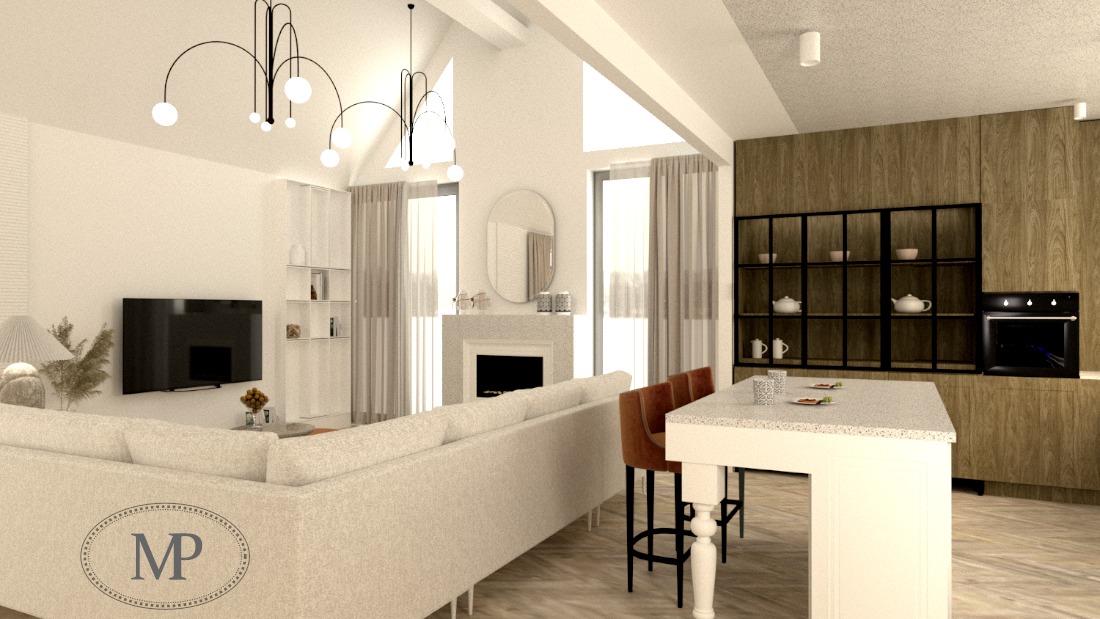 Wizualizacja salonu z aneksem kuchennym w jasnych barwach, z nowoczesnym oświetleniem i dużym narożnikiem.