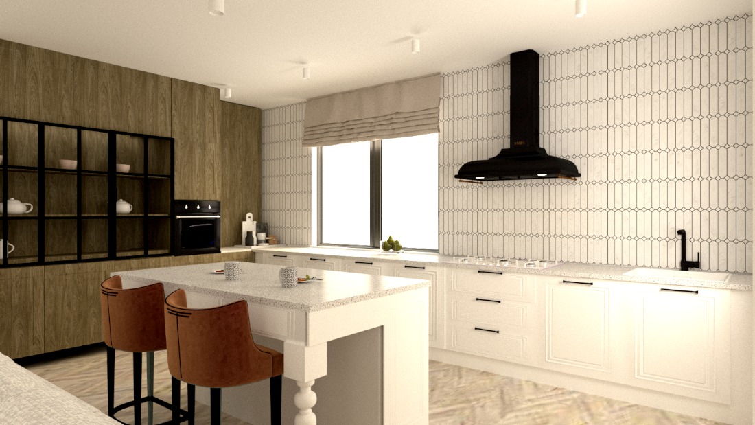 Nowoczesna kuchnia z wyspą, brązowymi hokerami, białymi szafkami i czarnym okapem na tle ściany z dekoracyjnymi płytkami.