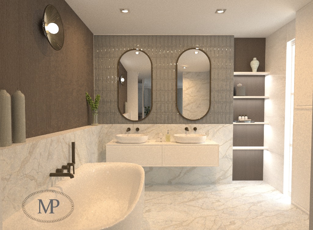 Nowoczesna łazienka z marmurowymi płytkami, dwoma owalnymi lustrami nad umywalkami i wolnostojącą wanną z czarną armaturą.