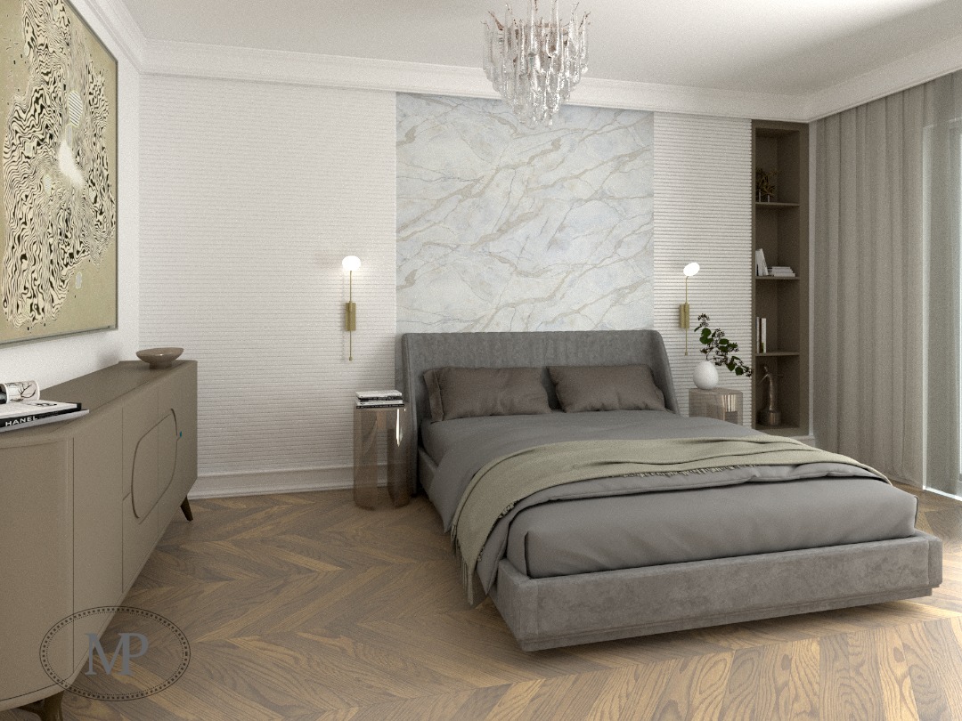 Nowoczesna sypialnia w odcieniach szarości i beżu z parkietem w jodełkę, wyposażona w łóżko z szarym zagłówkiem, komodę z dekoracjami i ozdobny żyrandol.