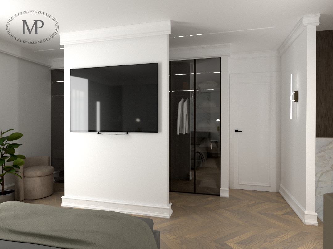 Wizualizacja sypialni z telewizorem na ścianie, parkietem w jodełkę, przesuwną szafą z ciemnymi ramami i białymi drzwiami, oświetlenie punktowe.