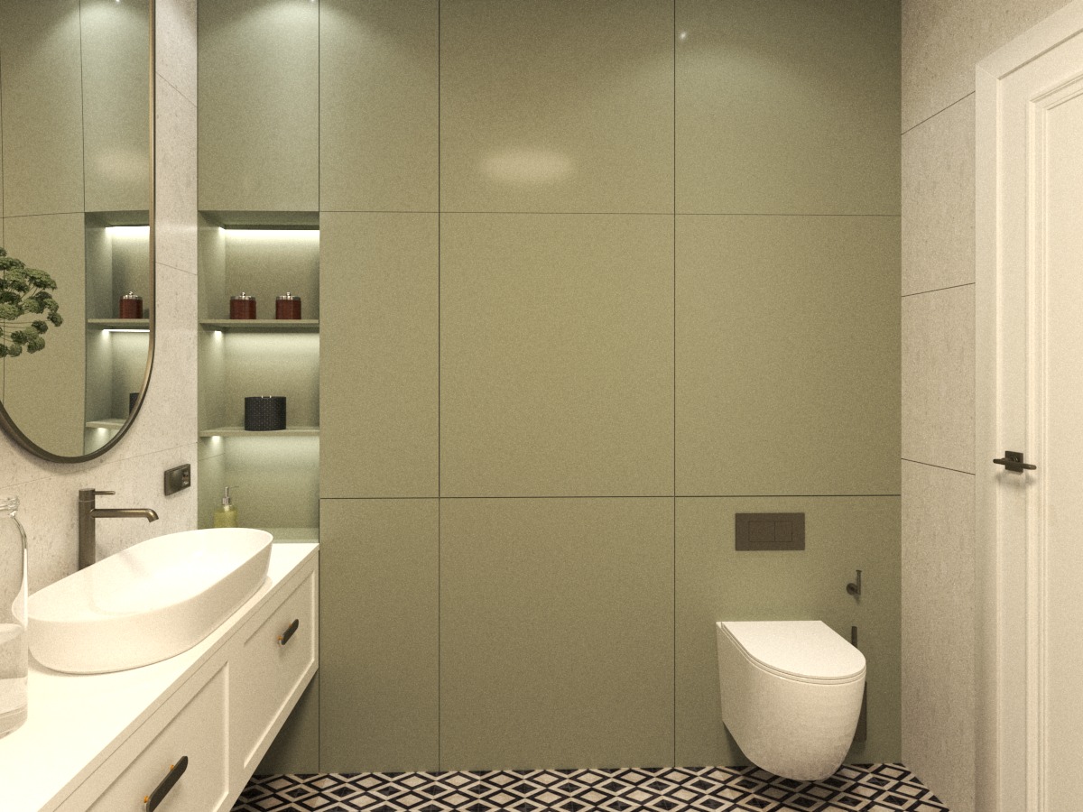 Nowoczesna łazienka z umywalką nablatową, dużym lustrem w owalnej ramie, zabudową w odcieniach zieleni i wzorzystą podłogą.