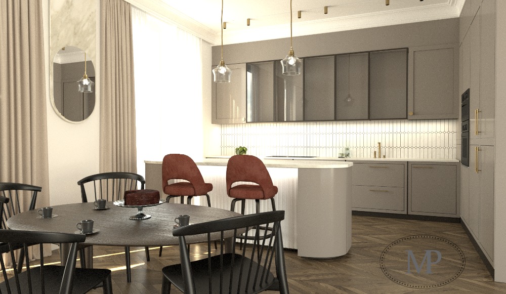 Wizualizacja nowoczesnej kuchni z okrągłym stołem, czarnymi krzesłami, brązowym tortem na stole i eleganckimi lampami wiszącymi.