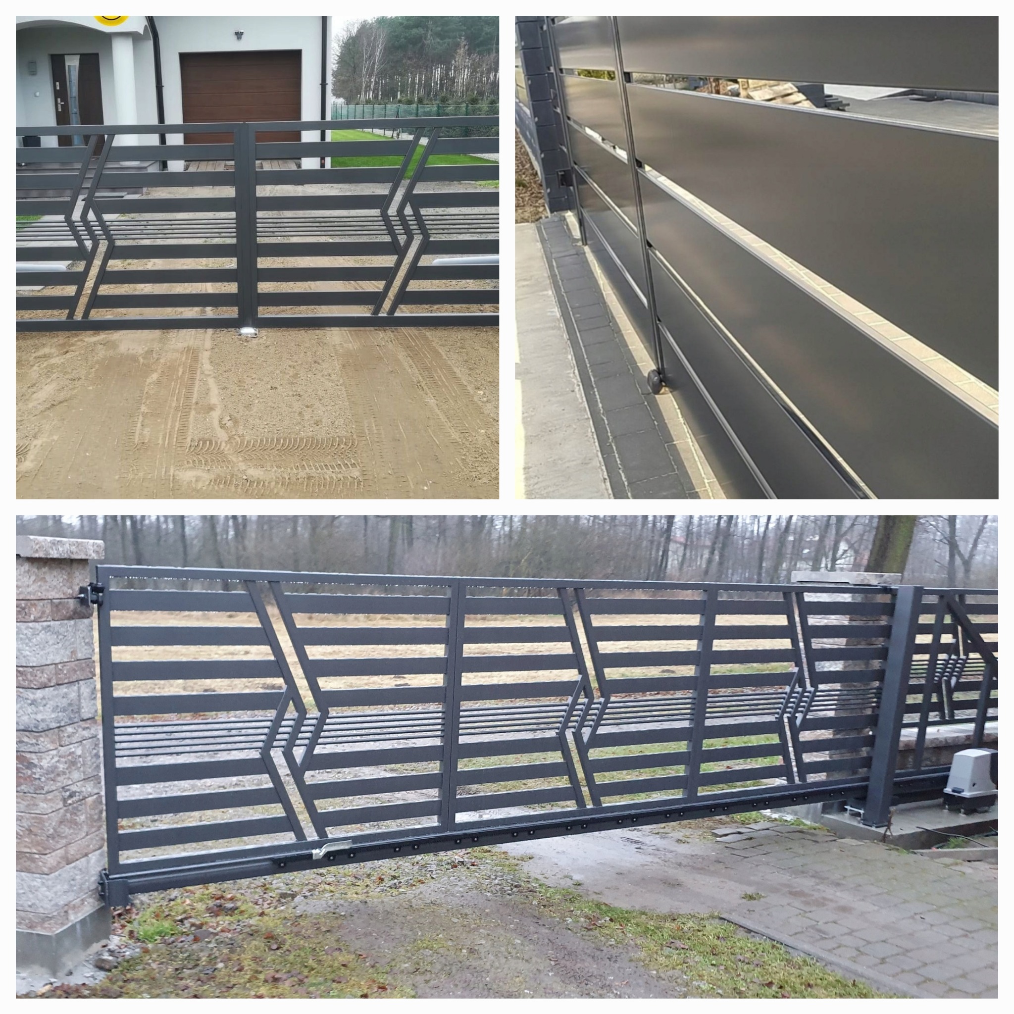 Nowoczesna, przesuwna brama wjazdowa z poziomymi profilami i geometrycznym wzorem, zamontowana na posesji z domem i kostką brukową.