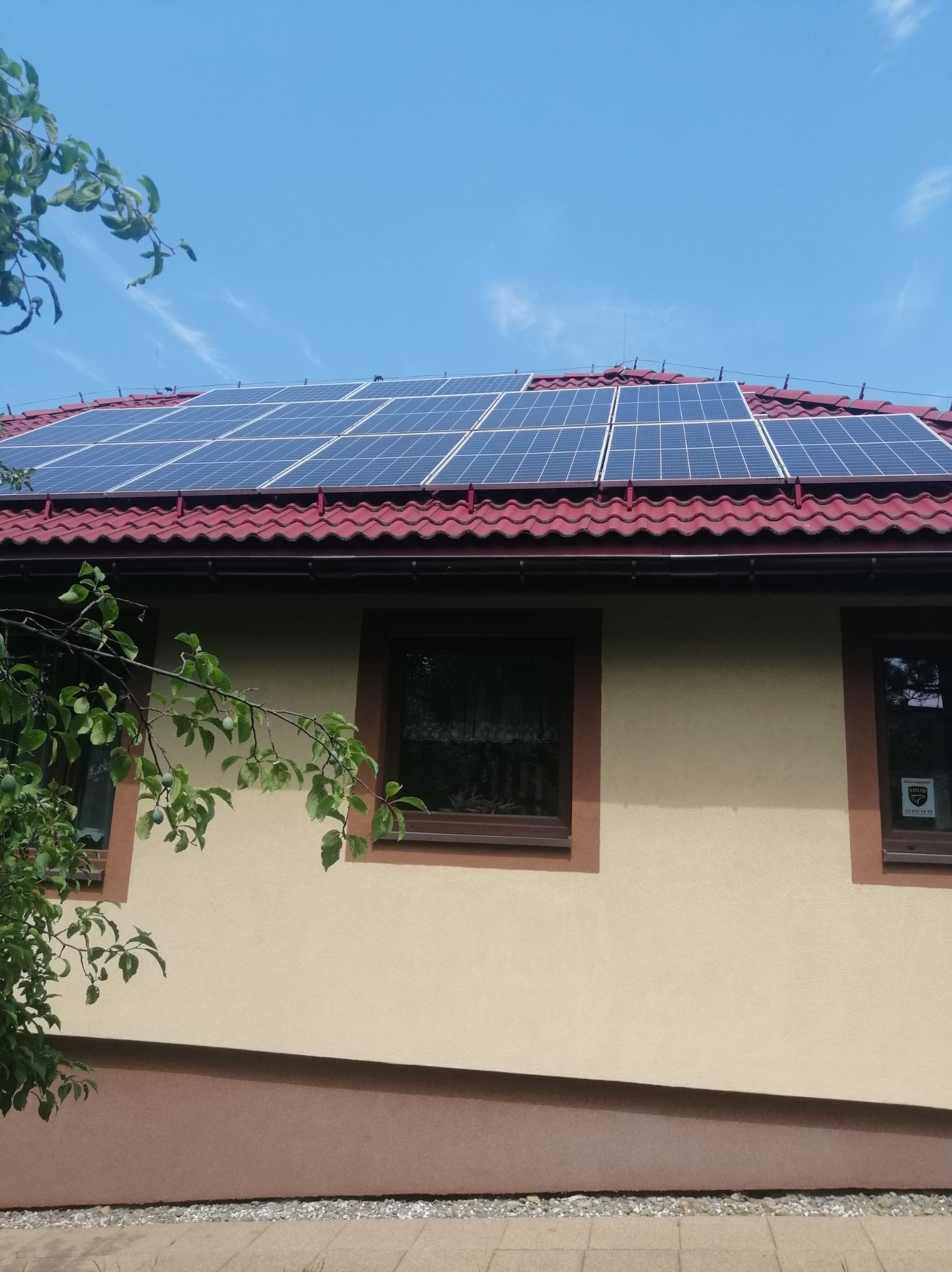 Panele słoneczne na dachu domu z czerwoną dachówką, widoczne z poziomu gruntu, z fragmentem drzewa po lewej stronie.