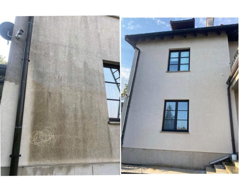 Porównanie stanu elewacji budynku przed i po czyszczeniu, widoczne zabrudzenia i efekt odświeżenia na jasnej fasadzie, kamera monitoringu na ścianie.