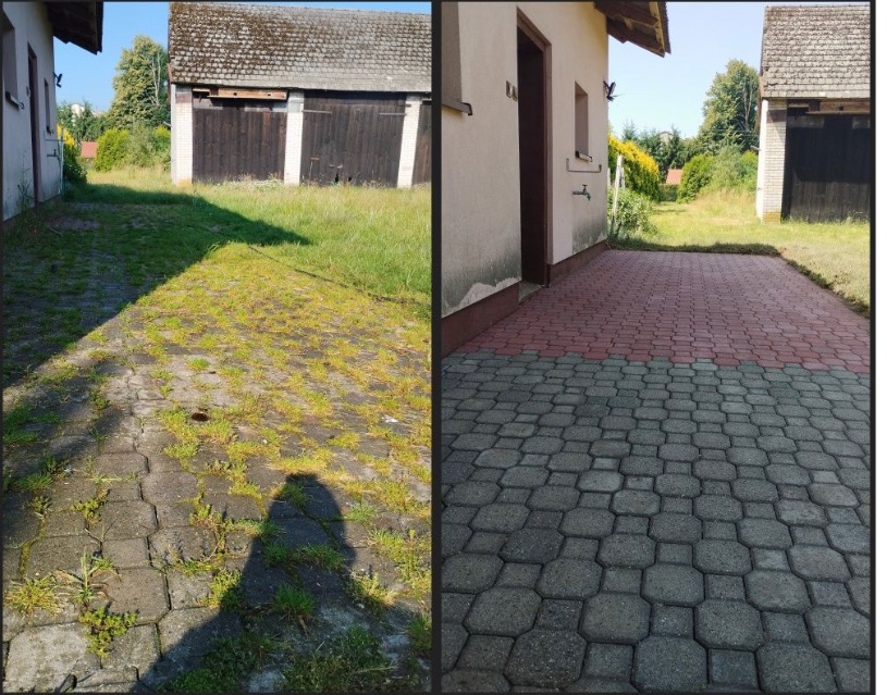 Porównanie stanu kostki brukowej przed i po: zarośnięta chwastami i mchem kontra czysta, szara i czerwona kostka przy ścianie budynku.