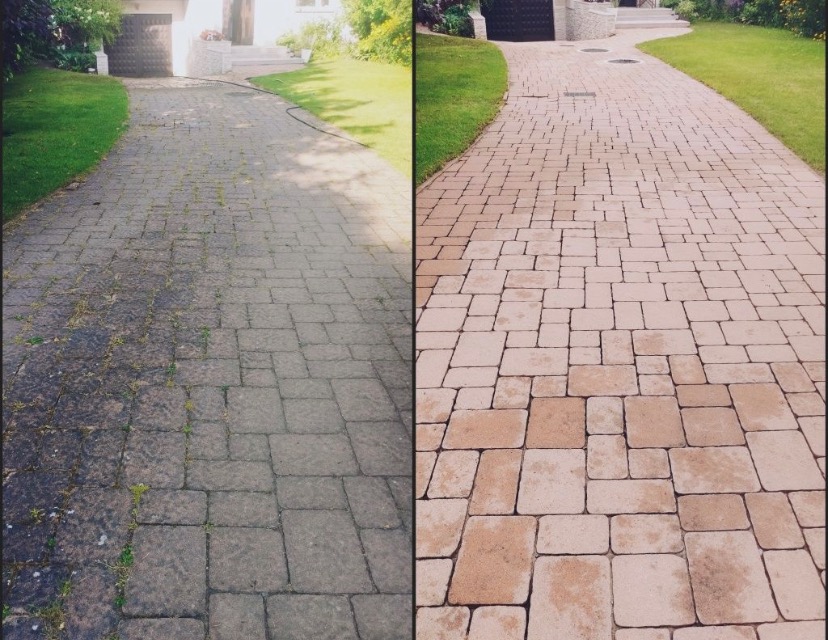 Połowa kostki brukowej przed domem wyczyszczona, widoczna wyraźna różnica w kolorze i czystości między częścią brudną a czystą.