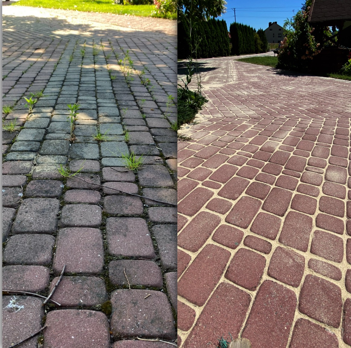 Kostka brukowa przed i po czyszczeniu: po lewej zaniedbana z chwastami, po prawej odnowiona, czerwona, z jasnymi fugami. Widok z perspektywy pieszego.