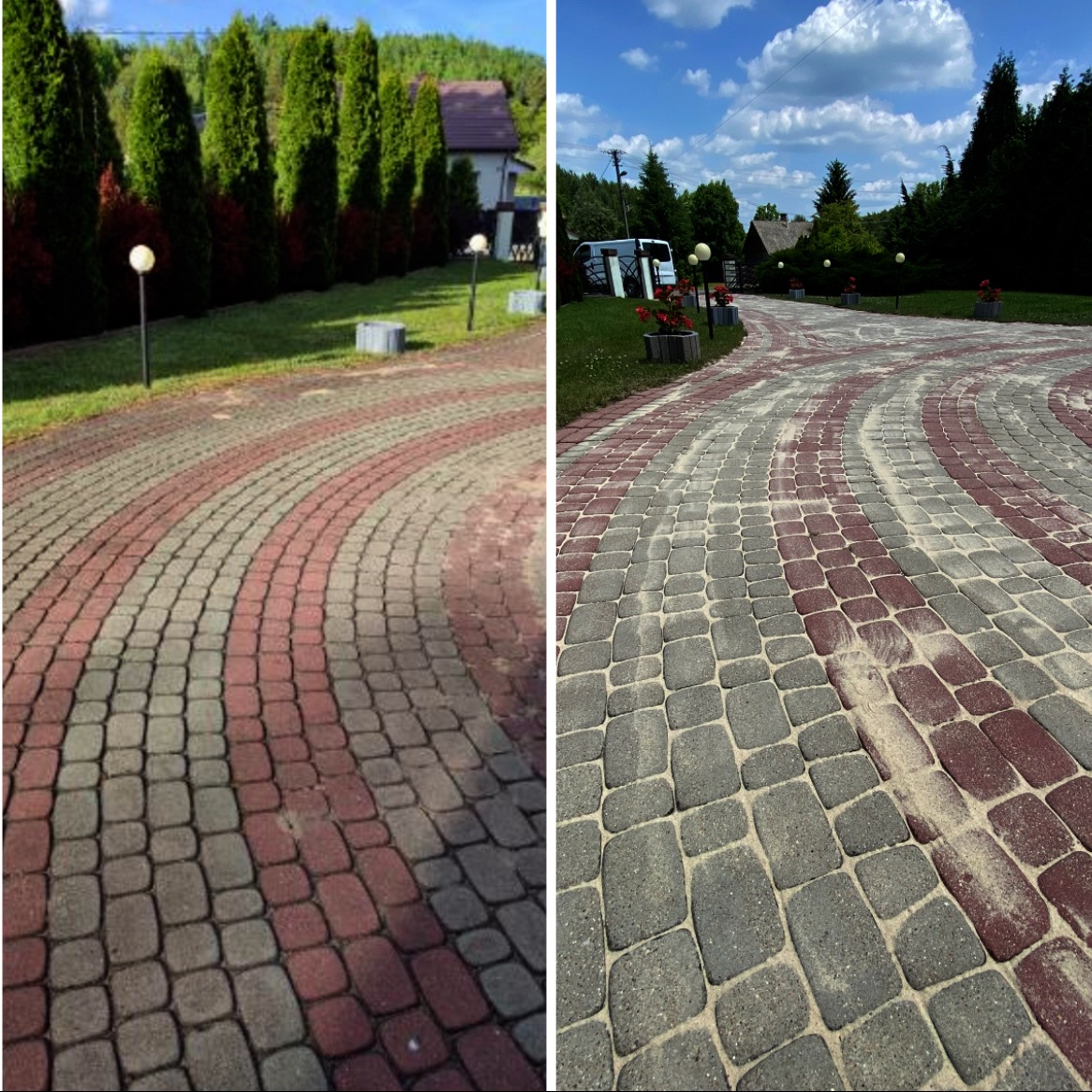 Zdjęcie 'przed i po' mycia kostki brukowej ułożonej w łukowaty wzór. Po lewej kostka zabrudzona, po prawej czysta, z widoczną różnicą w kolorze i brakiem zabrudzeń.