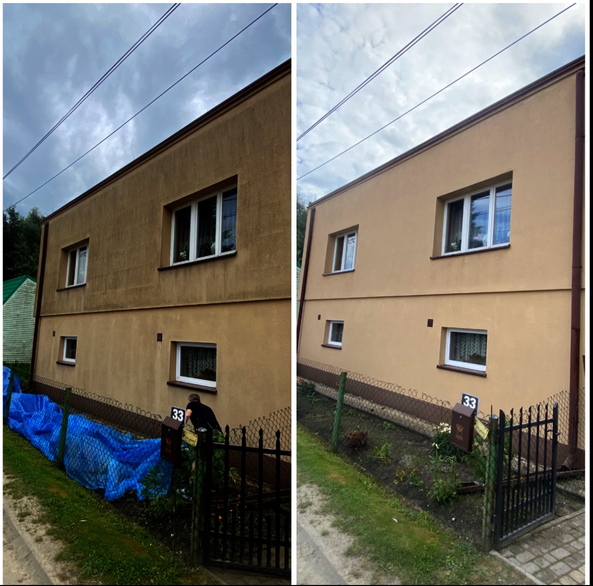 Zdjęcie elewacji domu przed i po czyszczeniu. Lewa strona brudna, prawa czysta. Widoczne okna, numer domu 33 i fragment osoby pracującej przy elewacji.