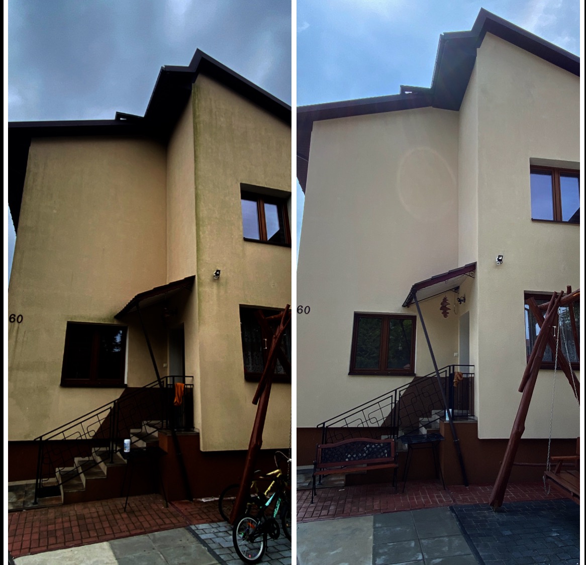 Dom dwukondygnacyjny przed i po czyszczeniu elewacji. Lewa strona brudna, prawa czysta. Widoczne okna, schody, huśtawka i rowery.