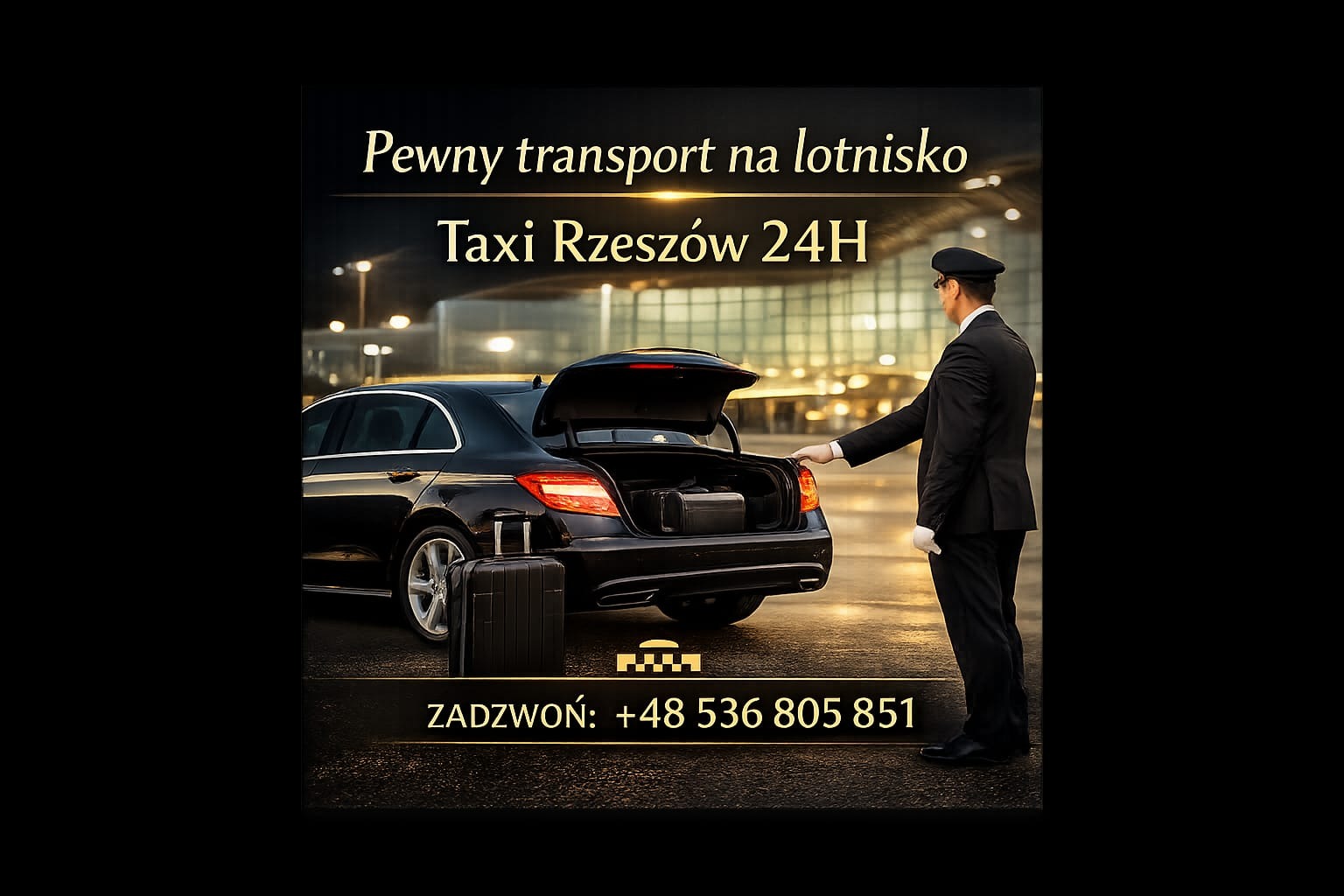 Elegancki transport lotniskowy: czarna limuzyna z otwartym bagażnikiem, bagaż i kierowca w uniformie. Usługa Taxi Rzeszów 24H, numer telefonu.