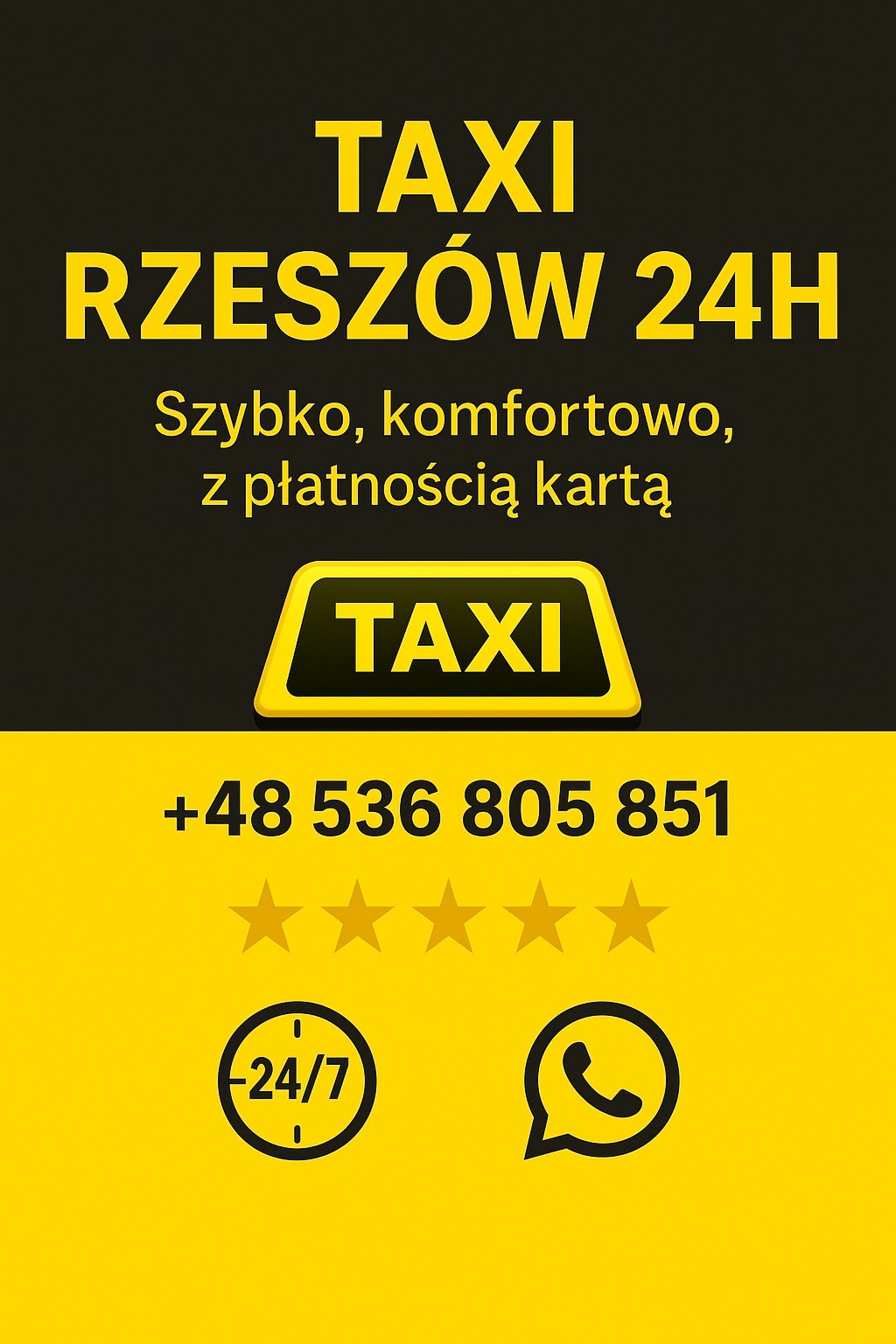 Żółto-czarny baner Taxi Rzeszów 24H z numerem telefonu, ikoną WhatsApp i informacją o płatności kartą. Pięć gwiazdek oceny. Szybko i komfortowo.