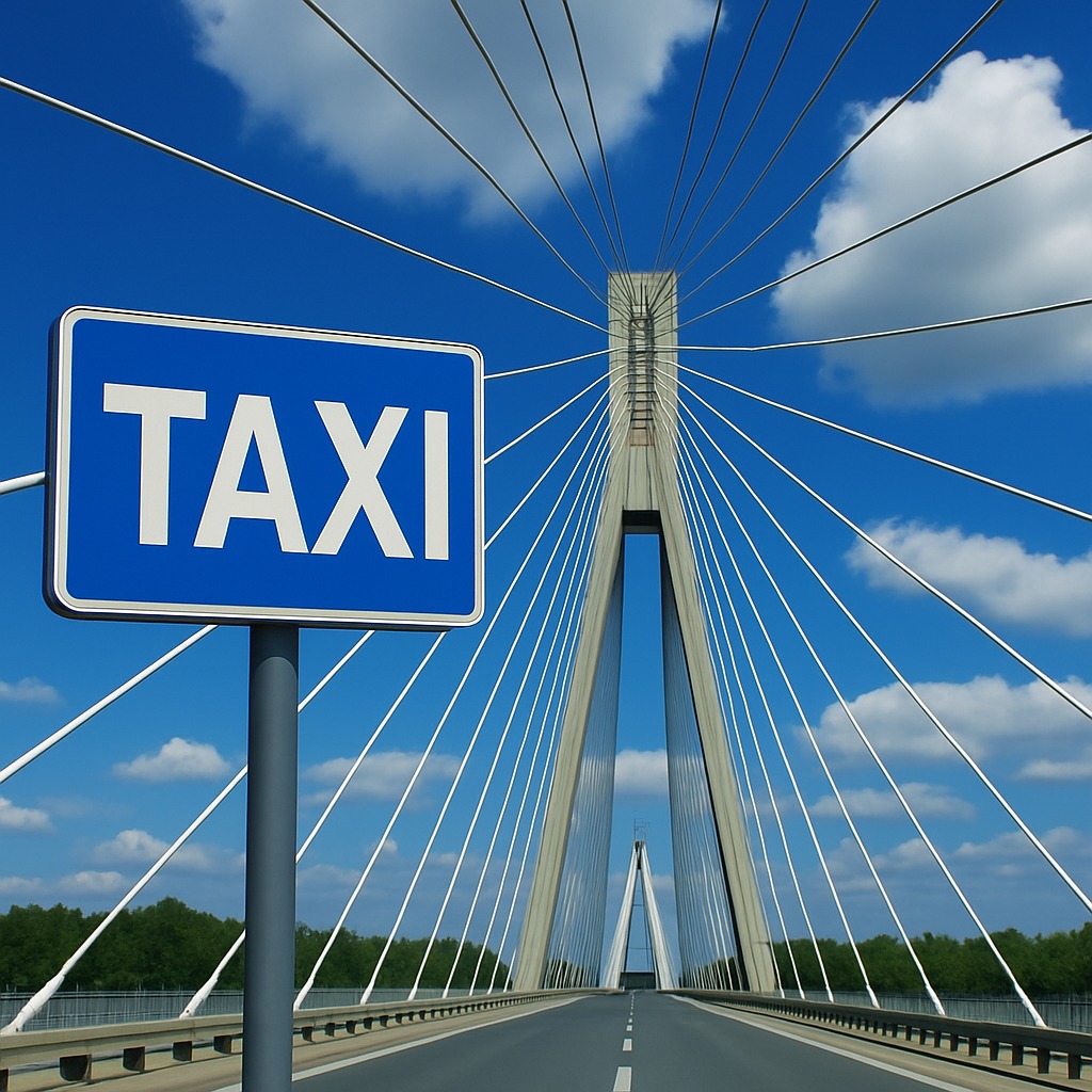 Niebieski znak TAXI na moście wantowym, błękitne niebo z chmurami w tle. Perspektywa z poziomu jezdni, symetryczny kadr.
