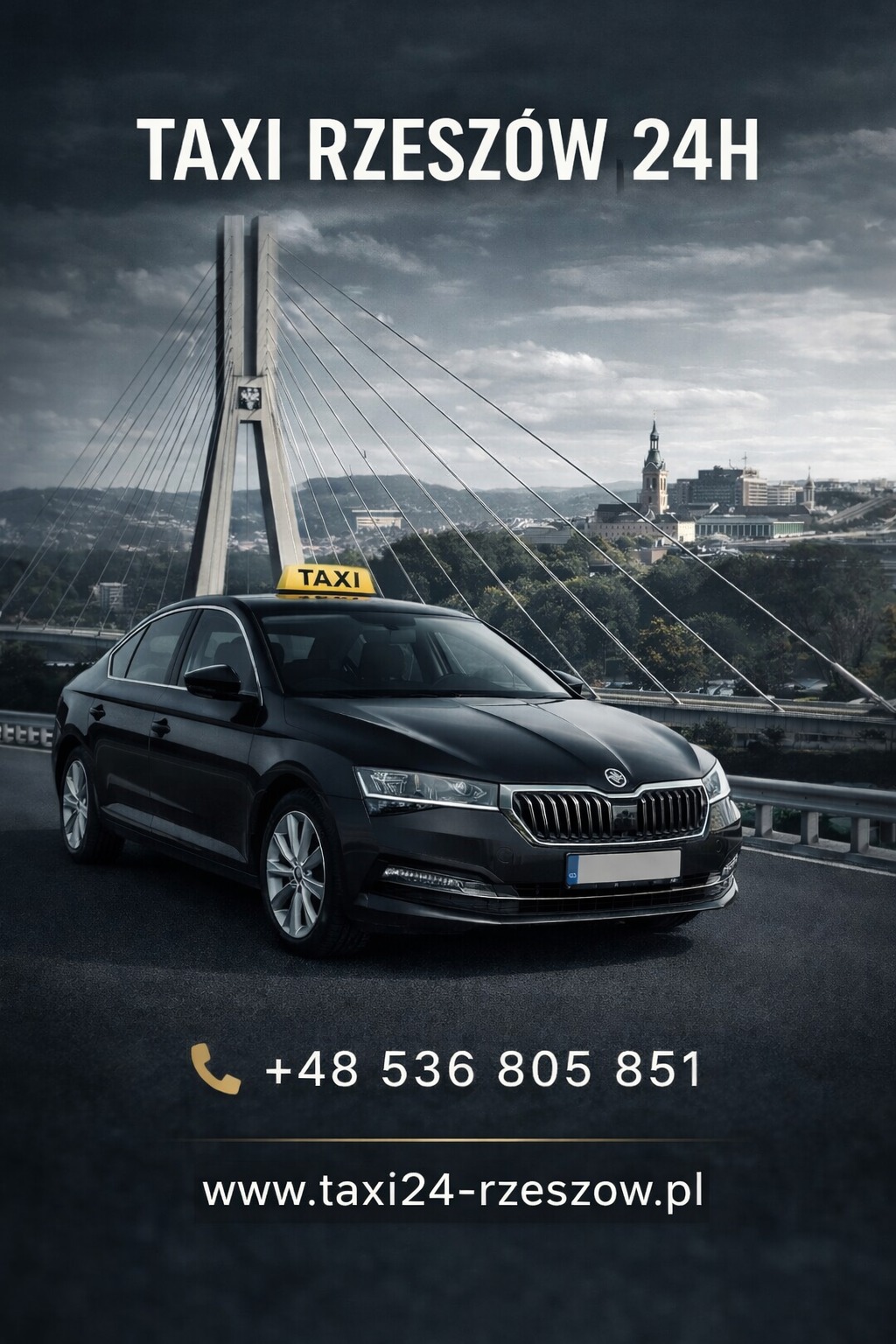 Czarna taksówka Skoda Superb z żółtym szyldem TAXI na dachu, na tle mostu im. Tadeusza Mazowieckiego w Rzeszowie. Numer telefonu i adres strony internetowej.