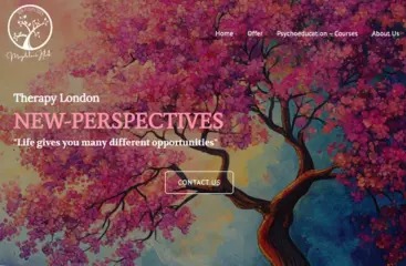 Strona internetowa z motywem kwitnącego drzewa wiśni, prezentująca ofertę psychoterapii w Londynie, z widocznym logo firmy 'New-Perspectives' i hasłem 'Life gives you many different opportunities'.