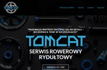 Zrzut ekranu strony internetowej serwisu rowerowego Tomcat z Rydułtów, prezentujący logo firmy oraz hasło reklamowe na tle części rowerowych.