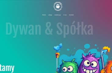 Strona internetowa firmy Dywan & Spółka z charakterystycznym, kreskówkowym logo ducha i kolorowym gradientem w tle. Widoczne menu nawigacyjne oraz grafiki przedstawiające stylizowane potwory...