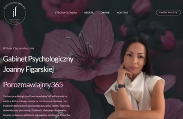 Fragment strony internetowej z wizerunkiem kobiety, prawdopodobnie właścicielki gabinetu psychologicznego, na tle rozmytych kwiatów i tekstu prezentującego ofertę.