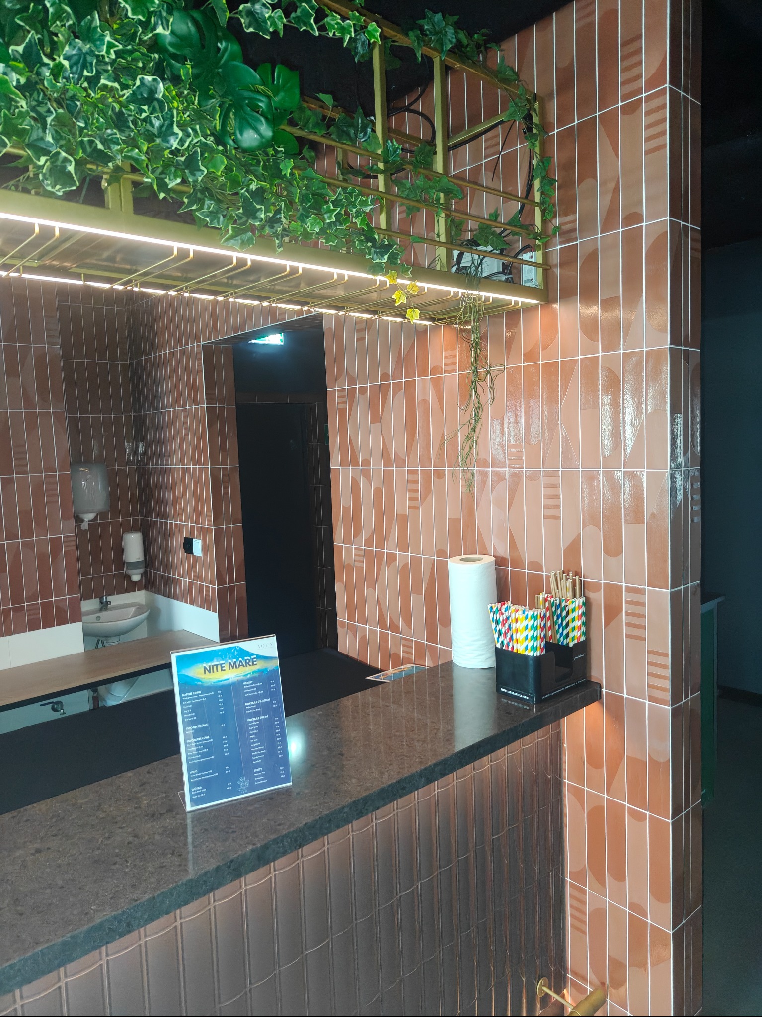 Bar z brązowymi płytkami w geometryczne wzory, dekoracjami roślinnymi i menu na blacie. Widoczna umywalka i dozownik. Oświetlenie ledowe podkreśla detale.