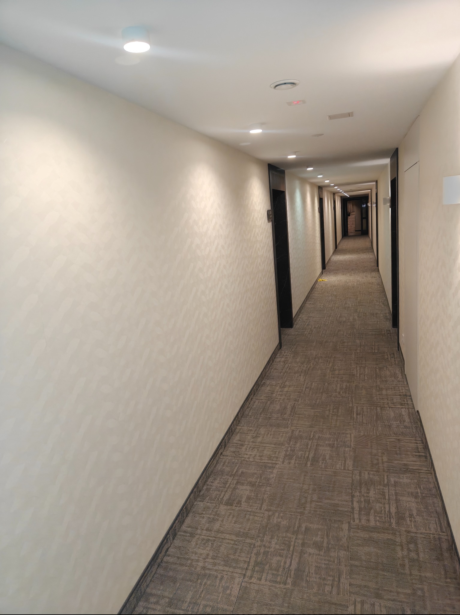 Długi korytarz hotelowy z wzorzystą tapetą i wykładziną w odcieniach szarości, oświetlony punktowymi lampami sufitowymi. Perspektywa zbieżna ku końcowi korytarza.