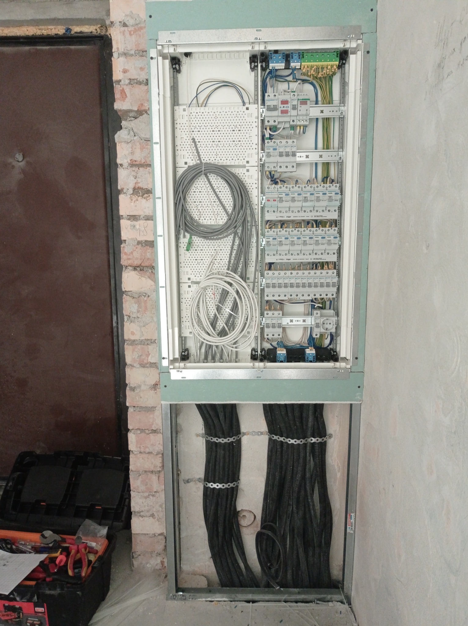 Rozdzielnica elektryczna w trakcie montażu w nowym budynku, widoczne kable zabezpieczone metalowymi opaskami, skrzynka narzędziowa obok.