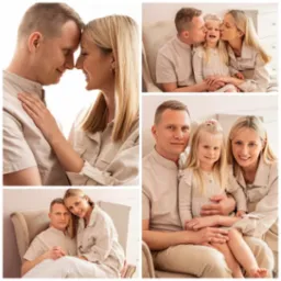 Kolaż z sesji rodzinnej: cztery kadry z rodzicami i córeczką, w neutralnych beżach, ukazujące bliskość i naturalność. Ujęcia w różnych pozach i konfiguracjach.