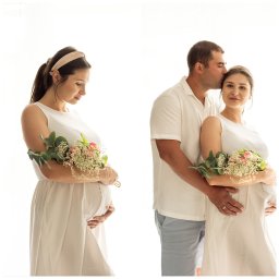 USŁUGI FOTOGRAFICZNE MONIKA SKOK - Kolaż: Kobieta w jasnej sukience ciążowej trzyma bukiet, na drugim ujęciu mężczyzna całuje ją w głowę. Tło jednolite, jasne.