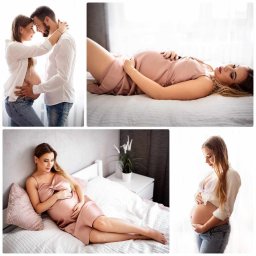 USŁUGI FOTOGRAFICZNE MONIKA SKOK - Kolaż zdjęć kobiet w ciąży, w tym ujęcie pary trzymającej ręce na brzuchu, kobieta leżąca na łóżku w satynowej sukience i kobieta stojąca bokiem przy oknie.