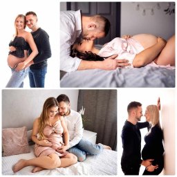 USŁUGI FOTOGRAFICZNE MONIKA SKOK - Mozaika z czterech ujęć: pary oczekujące dziecka w różnych pozach i stylizacjach, prezentująca sesję ciążową z intymną atmosferą i różnorodnymi kadrami.