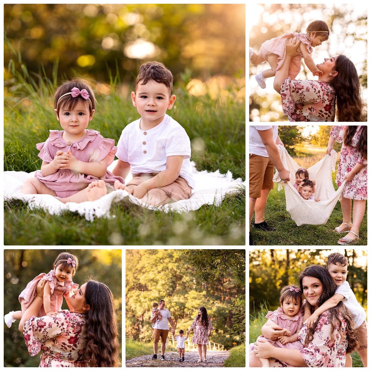 Kolaż z sesji rodzinnej w plenerze: dzieci siedzące na kocu w trawie, matka podrzucająca córkę, rodzina spacerująca po ścieżce, dzieci w hamaku i przytulone do mamy.
