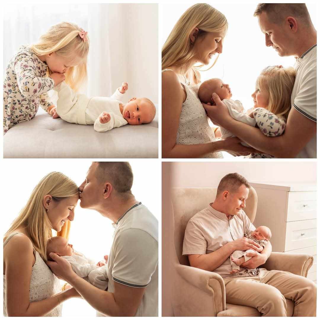 Kolaż zdjęć: niemowlę w różnych ujęciach z rodzicami i siostrą, jasne tło, miękkie światło. Rodzinne portrety pełne czułości i bliskości.