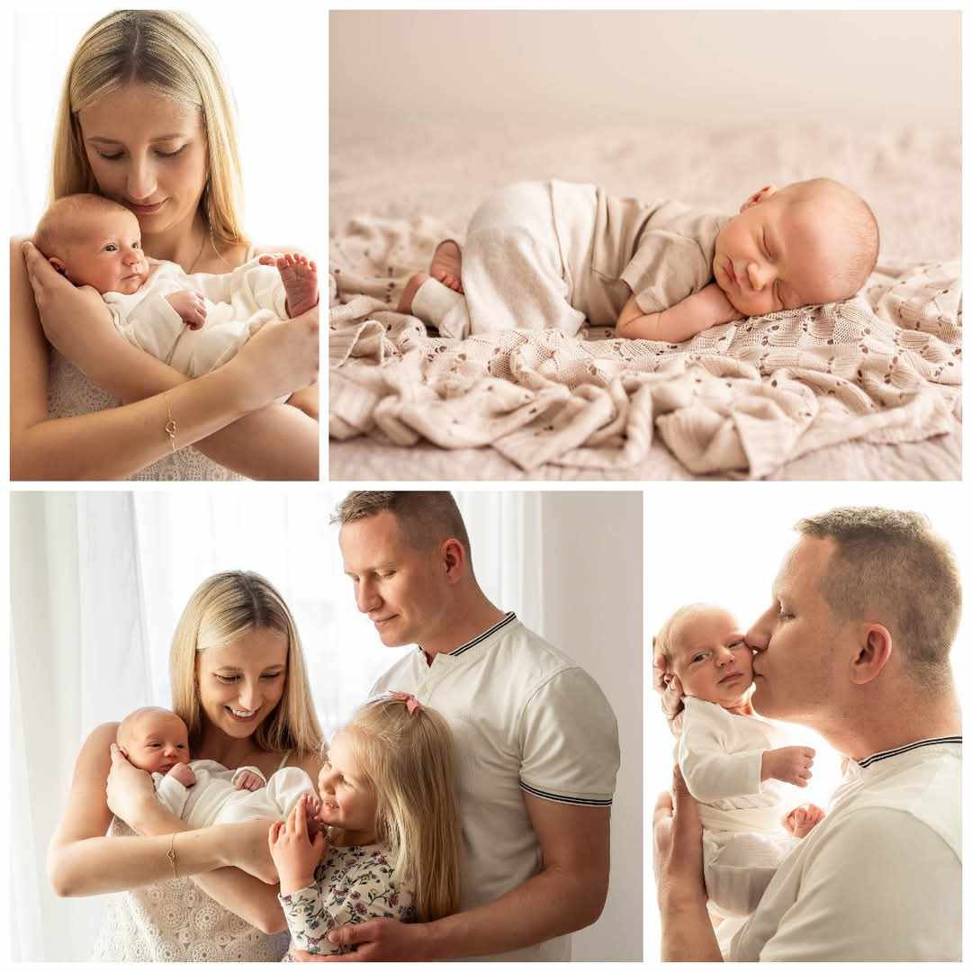 Kolaż z sesji noworodkowej: mama trzyma dziecko, śpiący noworodek na kocyku, rodzina z dzieckiem i córką, tata całuje dziecko. Jasne, naturalne światło.